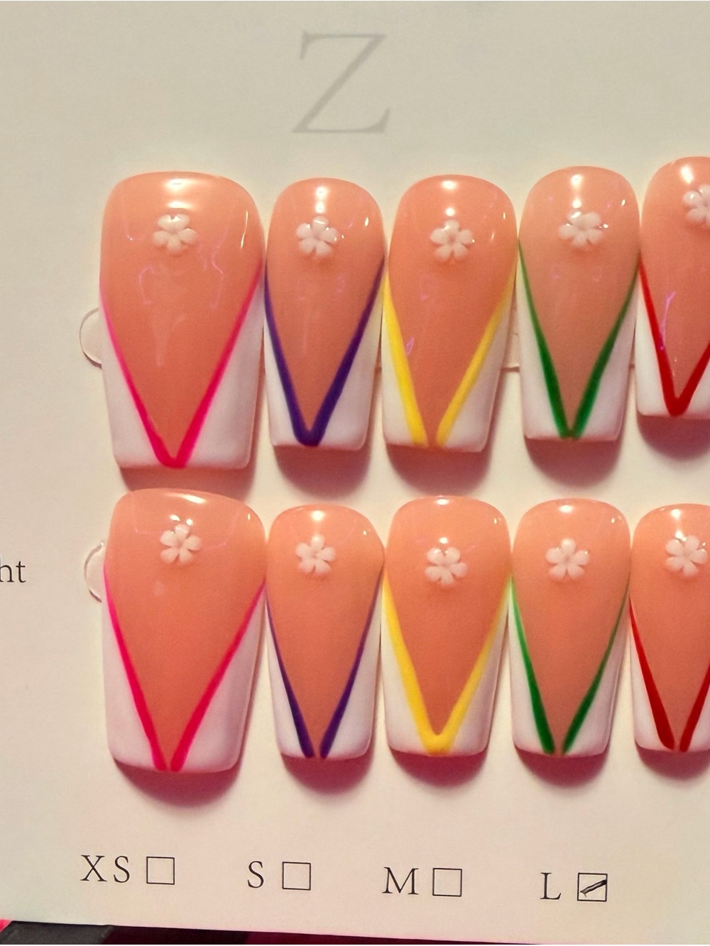 Peach Floral Accent Press-On Nails with Colored V V-Tips